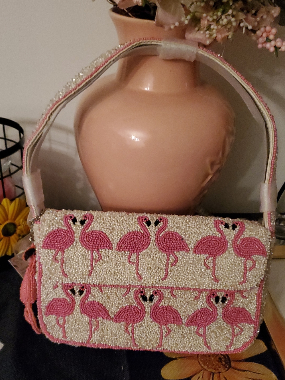 Beaded Pink Flamingo Shoulder Bag